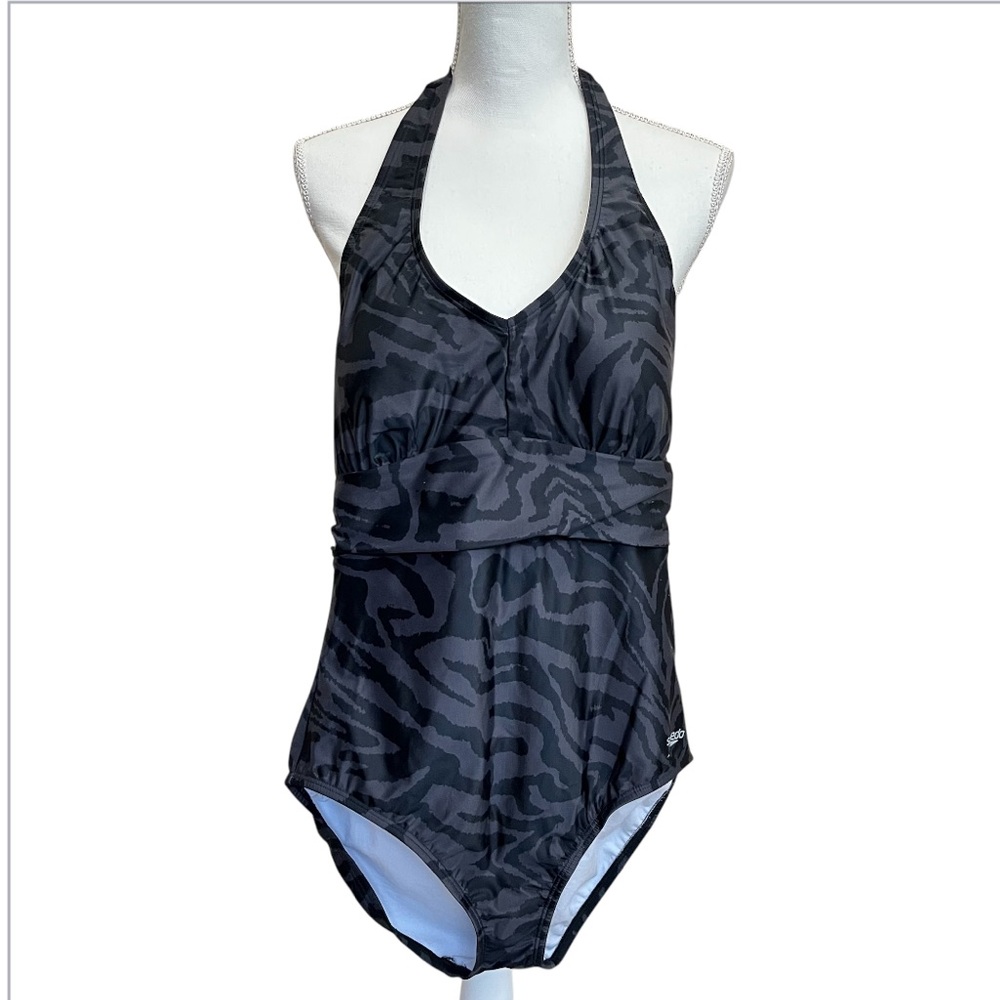 Speedo One Piece Black Grey Halter Swimsuit